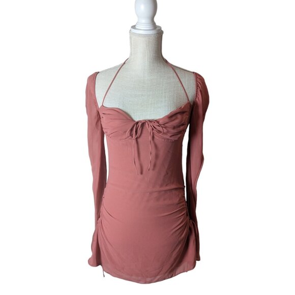 HOUSE OF CB Baby Pink Chiffon Halter Cutout Mini Dress - Picture 2 of 7